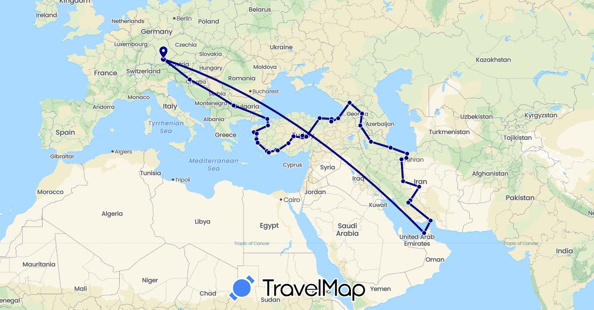 TravelMap itinerary: driving in United Arab Emirates, Armenia, Bulgaria, Germany, Georgia, Croatia, Iran, Turkey (Asia, Europe)